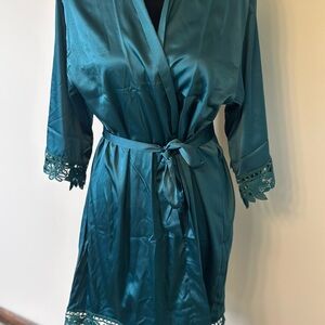 Elegant Teal Satin Robe with Lace Trim